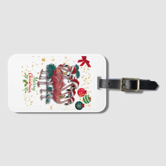 Vrolijk Kerstfeest Grappige Flamingo met Zonnebril Bagagelabel (Voorkant (horizontaal))