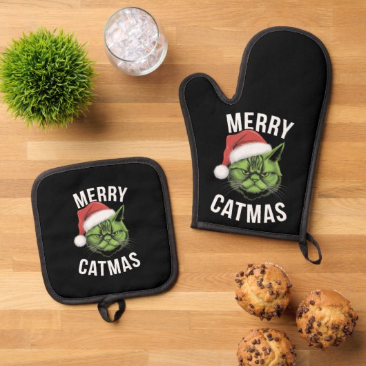 Vrolijk Kerstfeest Grappige Kattenliefhebbers Kers Ovenwant & Pannenlap Set (Top down)