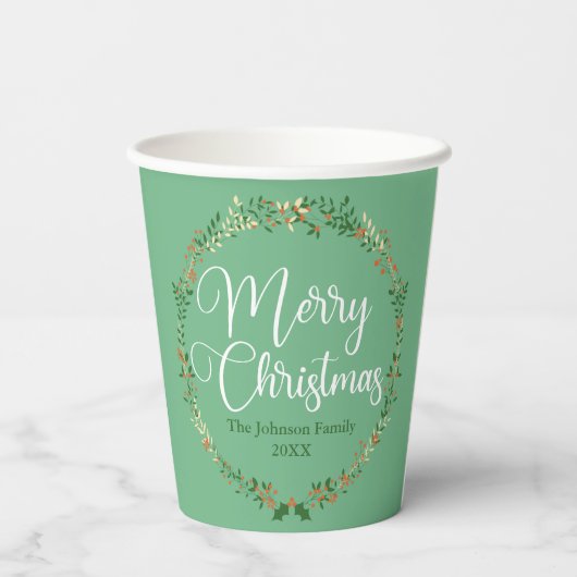Vrolijk kerstfeest  Green WreatCustom Party Papieren Bekers (Achterkant)