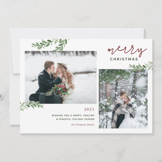 Vrolijk kerstfeest | Greenery Branches 2 foto Feestdagenkaart (Voorkant)