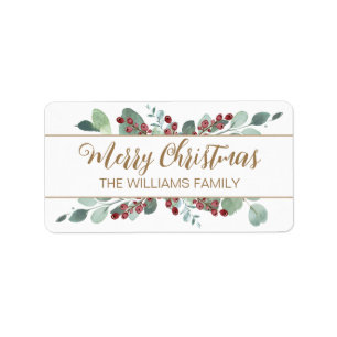 Vrolijk kerstfeest Greenery CranBerries Gold Etiket