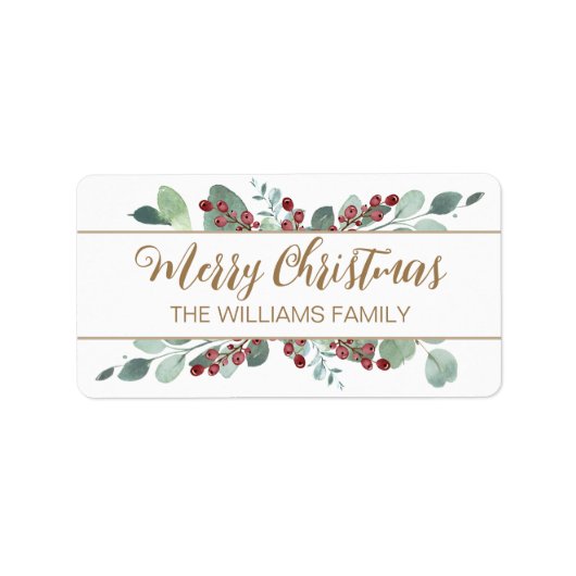 Vrolijk kerstfeest Greenery CranBerries Gold Etiket (Voorkant)