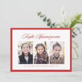 Vrolijk kerstfeest Grieks drie foto rood lijst Feestdagenkaart (Staand voorkant)