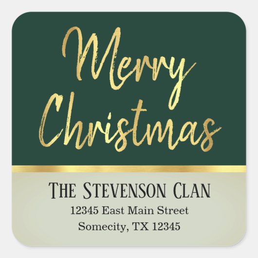vrolijk kerstfeest | Groen en Goud Modern | Adres Vierkante Sticker (Voorkant)