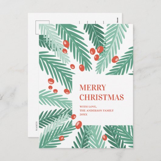 Vrolijk kerstfeest. Groene dennen. Rode bes. Moder Feestdagenkaart (Voorkant / Achterkant)