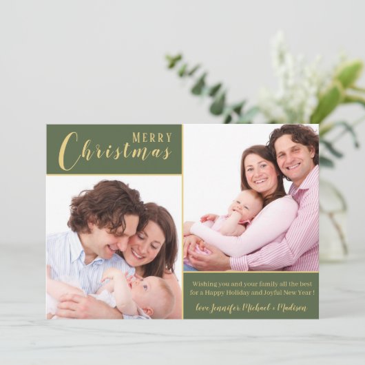 Vrolijk kerstfeest|Groene goud|2 Foto Feestdagenkaart (Staand voorkant)