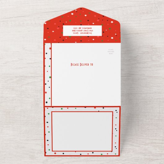 Vrolijk Kerstfeest Groene Rode Gestreepte Sterren All In One Uitnodiging (Buitenkant)