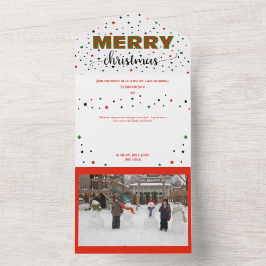 Vrolijk Kerstfeest Groene Rode Gestreepte Sterren All In One Uitnodiging (Binnen)