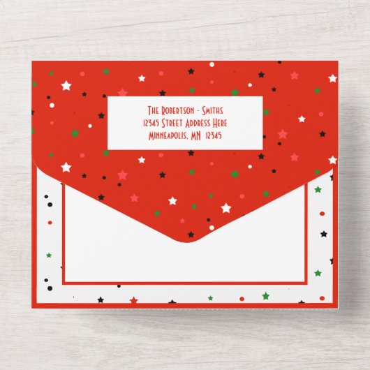 Vrolijk Kerstfeest Groene Rode Gestreepte Sterren All In One Uitnodiging (Achterkant)