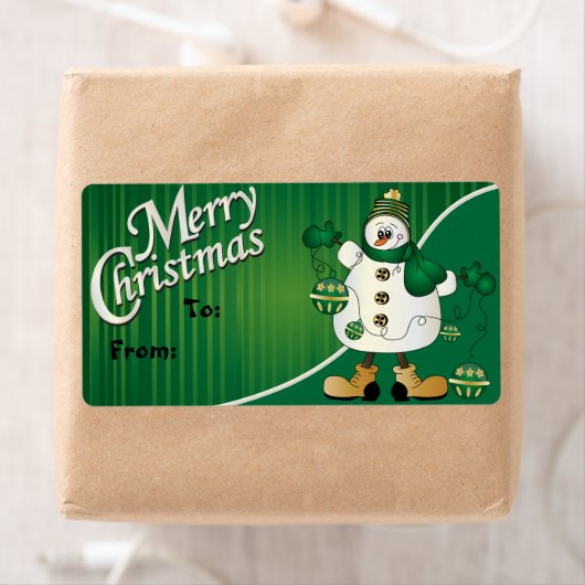 Vrolijk Kerstfeest Groene Sneeuwman Gift Label (Insitu)