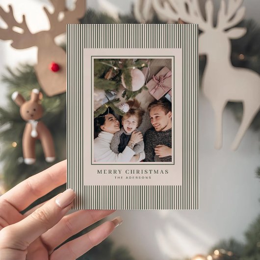 Vrolijk Kerstfeest Groene Strepen Foto gepersonali Feestdagenkaart