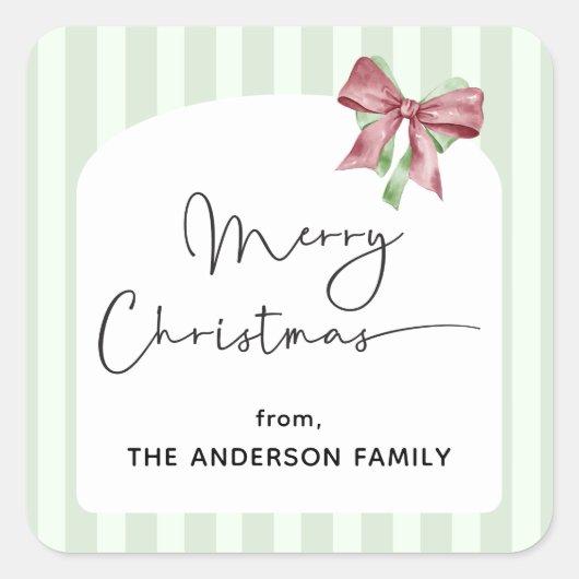 Vrolijk Kerstfeest Groene Strepen Rode Boog Vierkante Sticker (Voorkant)