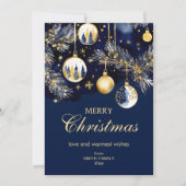 Vrolijk Kerstfeest groeten goud marine blauwe ball Feestdagenkaart (Voorkant)