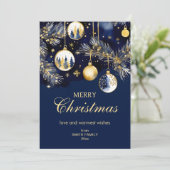 Vrolijk Kerstfeest groeten goud marine blauwe ball Feestdagenkaart (Staand voorkant)