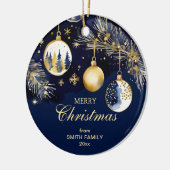 Vrolijk Kerstfeest groeten goud marine blauwe ball Keramisch Ornament (Links)