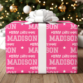 Vrolijk Kerstfeest Grootschalige Custom Name Pink Cadeaupapier
