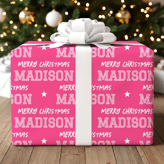 Vrolijk Kerstfeest Grootschalige Custom Name Pink Cadeaupapier