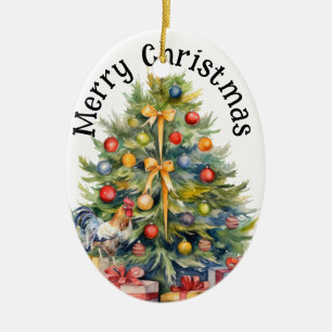 Vrolijk Kerstfeest Haan w / Kerstboom Keramisch Ornament