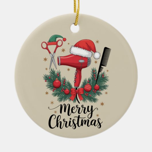 Vrolijk Kerstfeest Haarstylist Kapsalon Xmas Hair Keramisch Ornament (Voorkant)