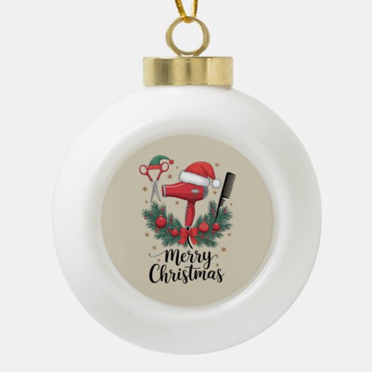 Vrolijk Kerstfeest Haarstylist Kapsalon Xmas Hair Keramische Bal Ornament (Voorkant)