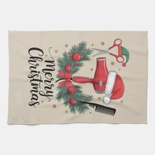 Vrolijk Kerstfeest Haarstylist Kapsalon Xmas Hair Theedoek (Horizontaal)