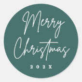 Vrolijk kerstfeest handgeschreven script pine gree ronde sticker (Voorkant)