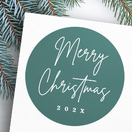 Vrolijk kerstfeest handgeschreven script pine gree ronde sticker