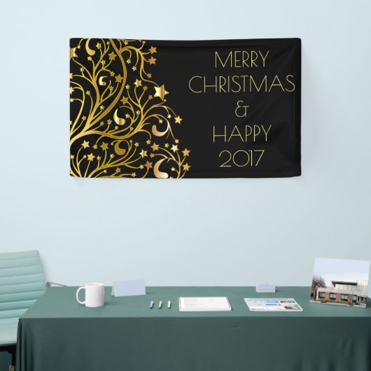 Vrolijk kerstfeest Happy 2017 Boom Stars Black Gol Spandoek (Beurs)