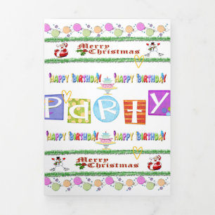 Vrolijk Kerstfeest Happy Birthday Drievoudige Kaar Drieluik Kaart