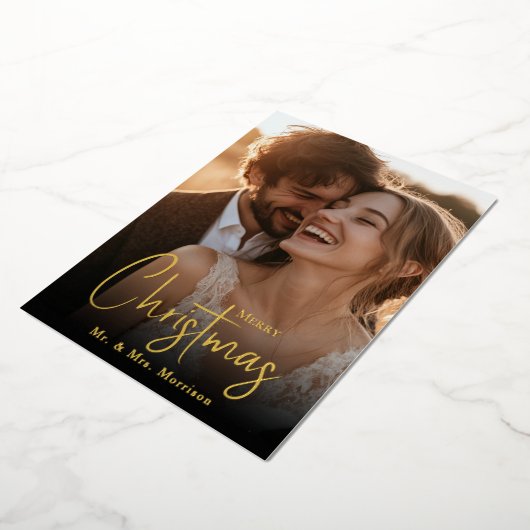 Vrolijk Kerstfeest Happy Couple Custom Photo Folie Feestdagenkaart (Gedraaid)