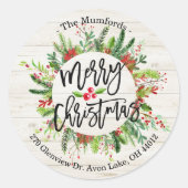 Vrolijk kerstfeest Happy Holiday Holly Wreatadres Ronde Sticker (Voorkant)