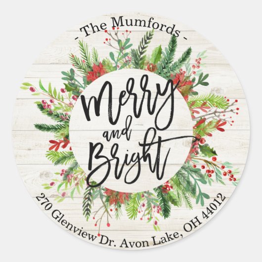 Vrolijk kerstfeest Happy Holiday Holly Wreatadres Ronde Sticker (Voorkant)