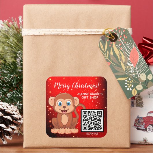 Vrolijk kerstfeest Happy Monkey QR-code Vierkante Sticker (Feestdagen)