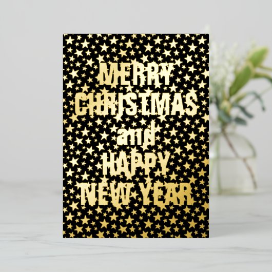 Vrolijk kerstfeest Happy Nieuwjaar ster zwart en g Folie Feestdagenkaart (Staand Voorkant)