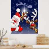 Vrolijk Kerstfeest Happy Santa en Reindeer Poster (Keuken)