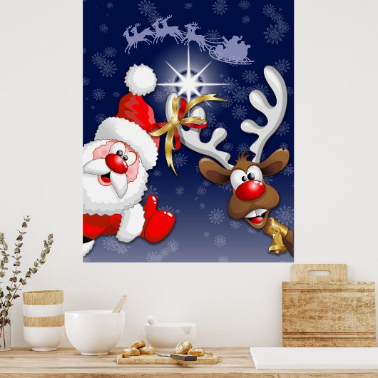Vrolijk Kerstfeest Happy Santa en Reindeer Poster (Keuken)