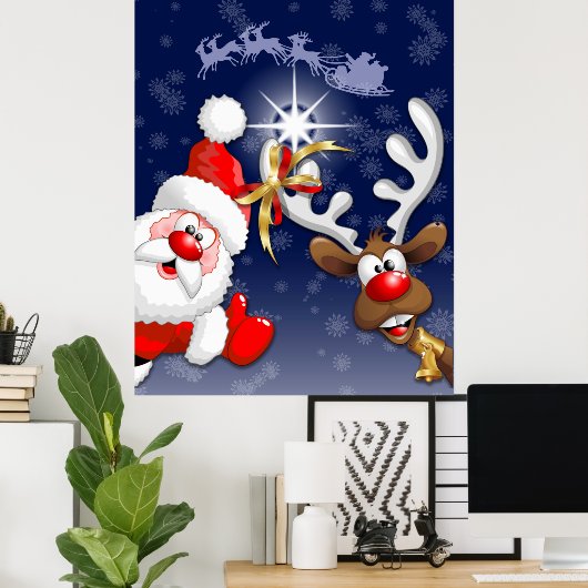 Vrolijk Kerstfeest Happy Santa en Reindeer Poster (Thuiskantoor)