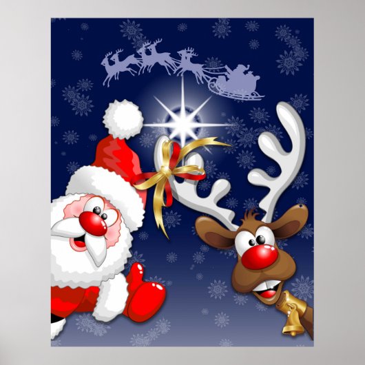 Vrolijk Kerstfeest Happy Santa en Reindeer Poster (Voorkant)