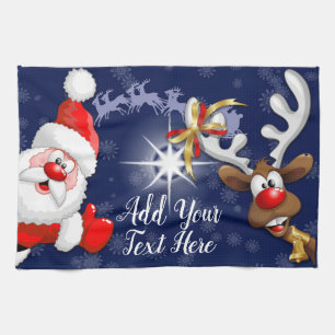 Vrolijk Kerstfeest Happy Santa en Reindeer Theedoek