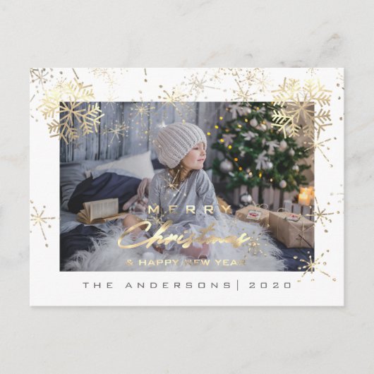 Vrolijk kerstfeest Happy Year Gold Snowflakes Foto Briefkaart (Voorkant)