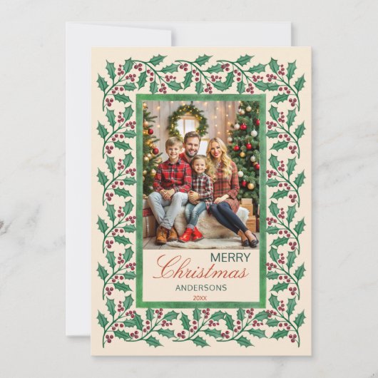 Vrolijk kerstfeest heilige bessen foto lijst feestdagenkaart (Voorkant)
