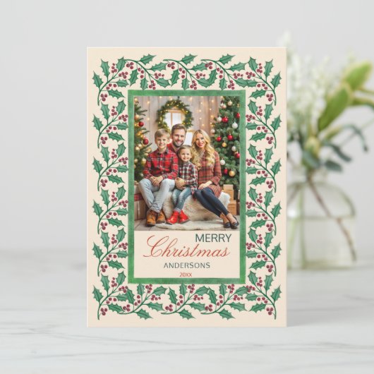Vrolijk kerstfeest heilige bessen foto lijst feestdagenkaart (Staand voorkant)