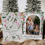 Vrolijk kerstfeest helder roze groen boog 1 foto feestdagenkaart<br><div class="desc">Dit collectie is voorzien van waterverf felroze bloemblaadjes,  bessen & wintergroen met een moderne en elegante typografie,  met een winterbotanische patroonrug.</div>