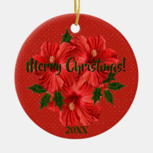 Vrolijk kerstfeest Hibiscus Holly Holiday Round Keramisch Ornament