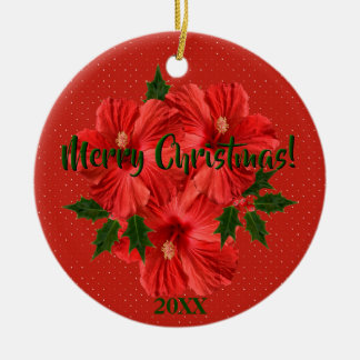 Vrolijk kerstfeest Hibiscus Holly Holiday Round Keramisch Ornament