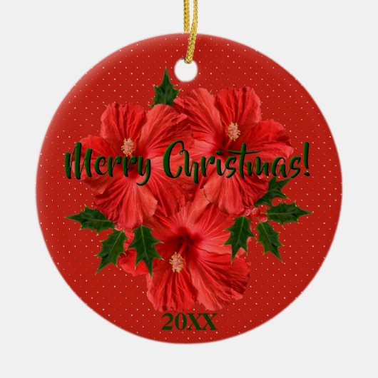Vrolijk kerstfeest Hibiscus Holly Holiday Round Keramisch Ornament (Voorkant)