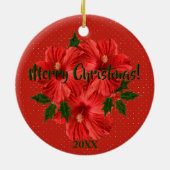 Vrolijk kerstfeest Hibiscus Holly Holiday Round Keramisch Ornament (Achterkant)