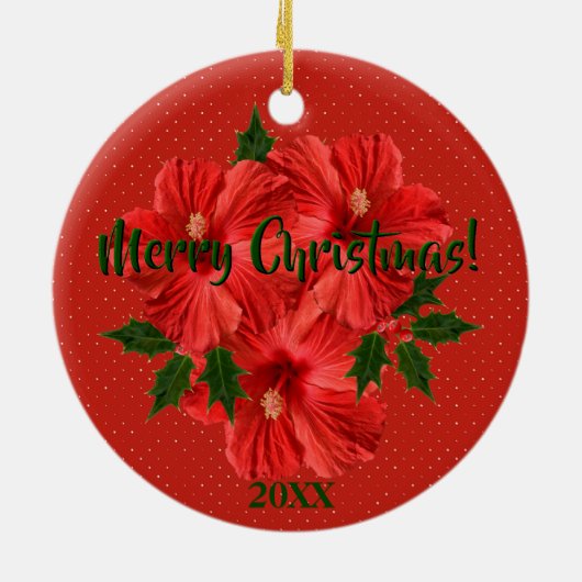 Vrolijk kerstfeest Hibiscus Holly Holiday Round Keramisch Ornament (Achterkant)