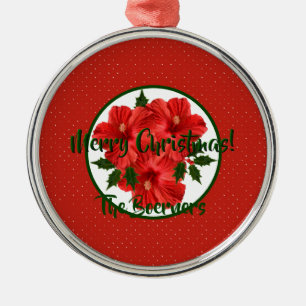Vrolijk kerstfeest Hibiscus Holly Holiday Round Metalen Ornament