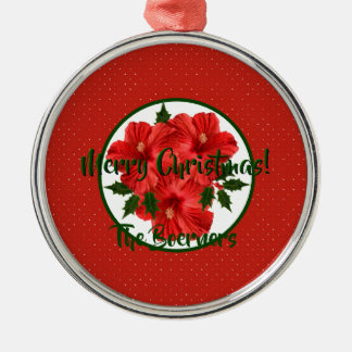 Vrolijk kerstfeest Hibiscus Holly Holiday Round Metalen Ornament